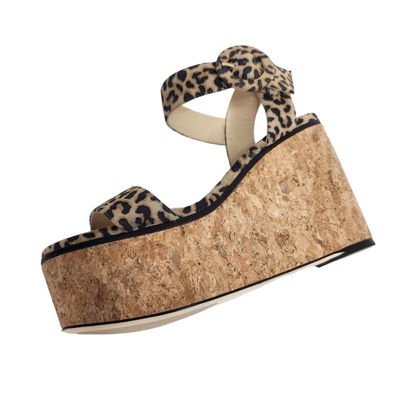 JIMMY CHOO Suede Leather Trim Wedge Heels Sandals Animal Print Light Brown 40 - Picture 2 of 10